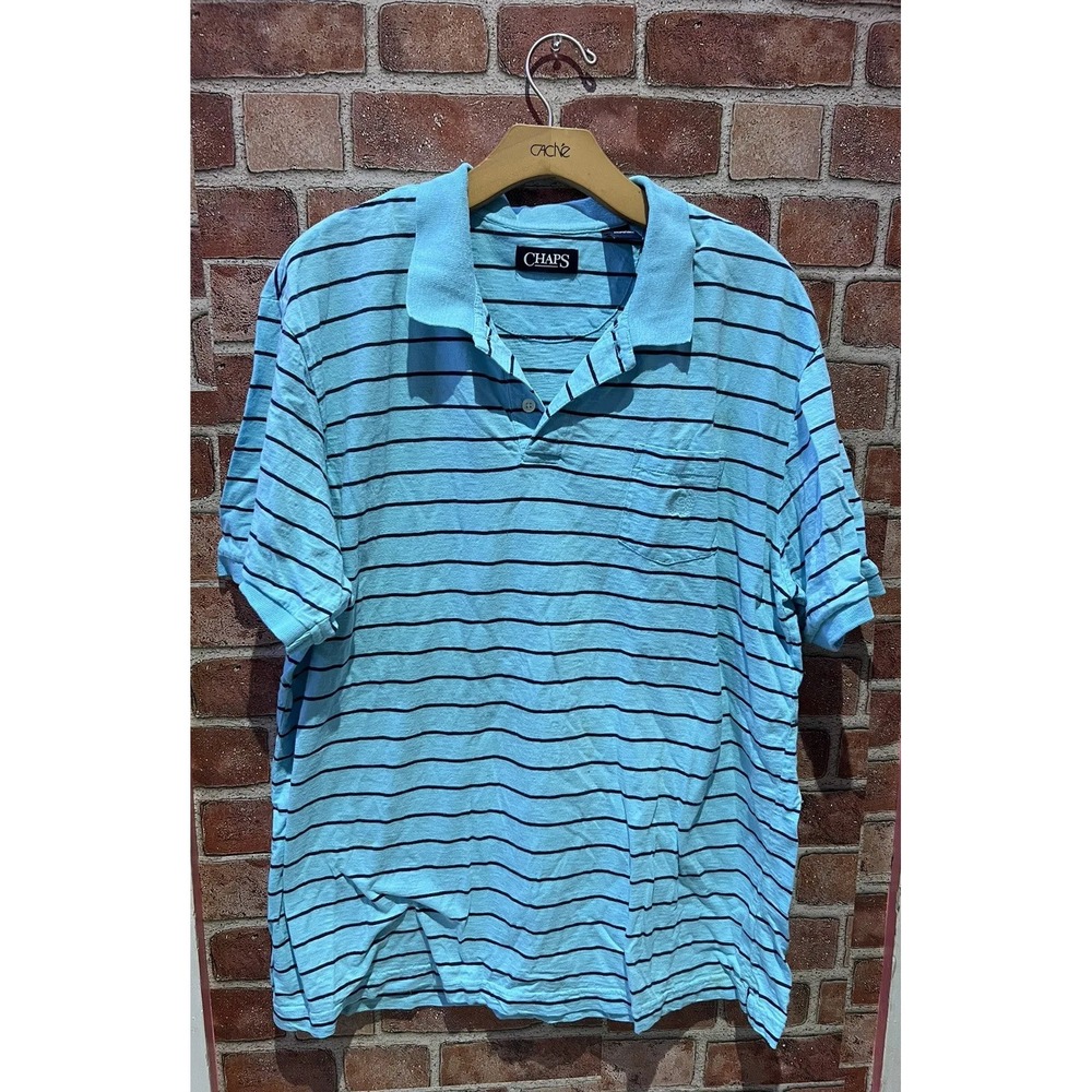 Chaps Collared T-Shirt‎ Men's XL Short Slv Striped Logo Blue&Black 100% Cotton